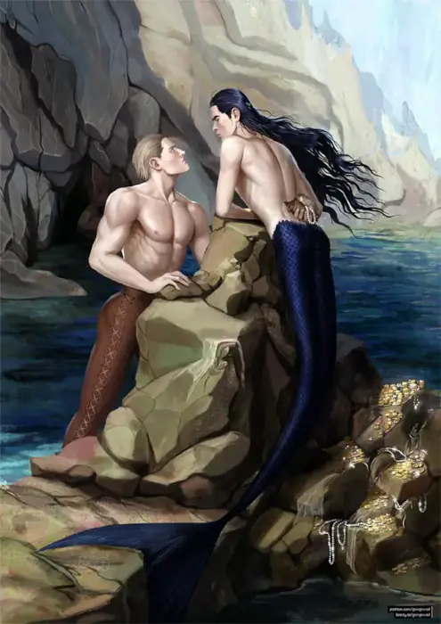 A male mermaid with pale skin and deep blue tail and long hair leans on a rock close to a human man with pale skin and short blond hair.